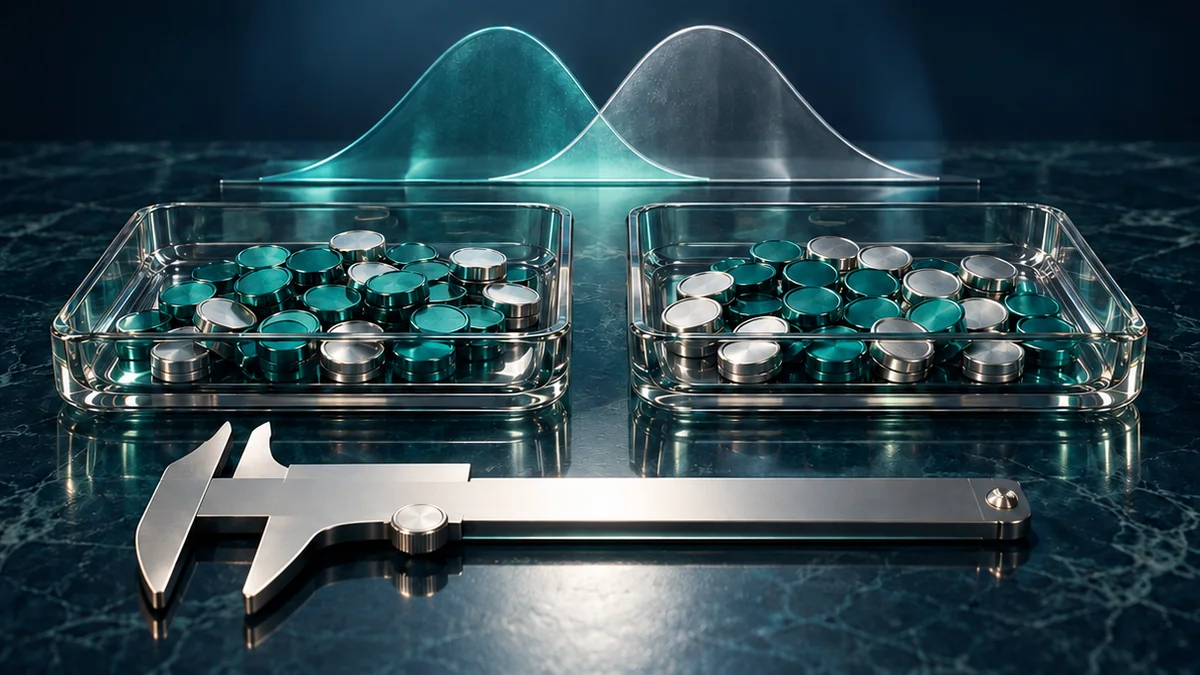 Two trays of conversion tokens sit beneath overlapping statistical curves beside an unmarked caliper.