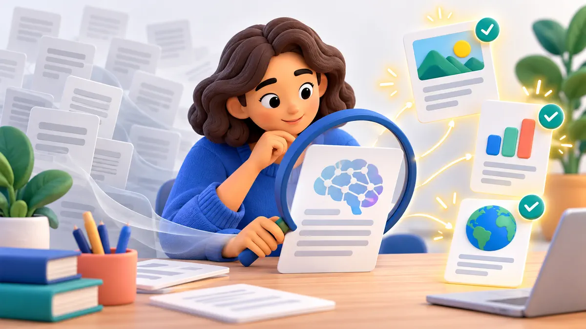 A human editor reviews a neural-pattern draft and useful source cards through a magnifying lens.