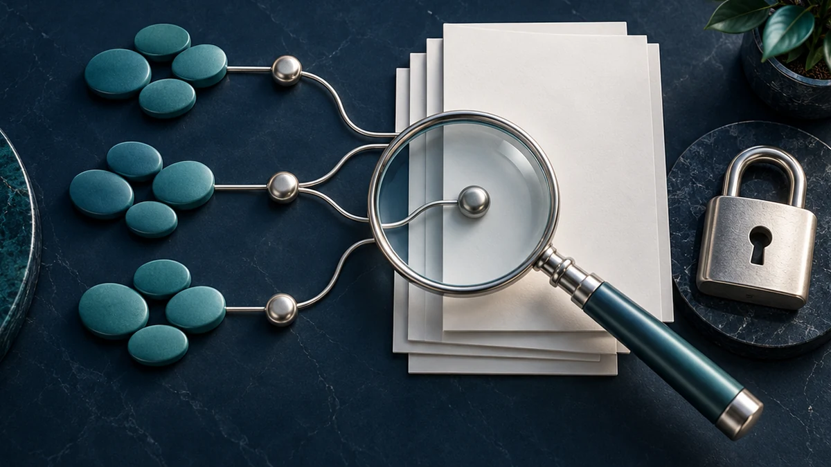 Grouped keyword tokens connect to documents examined with a magnifying glass beside a lock.