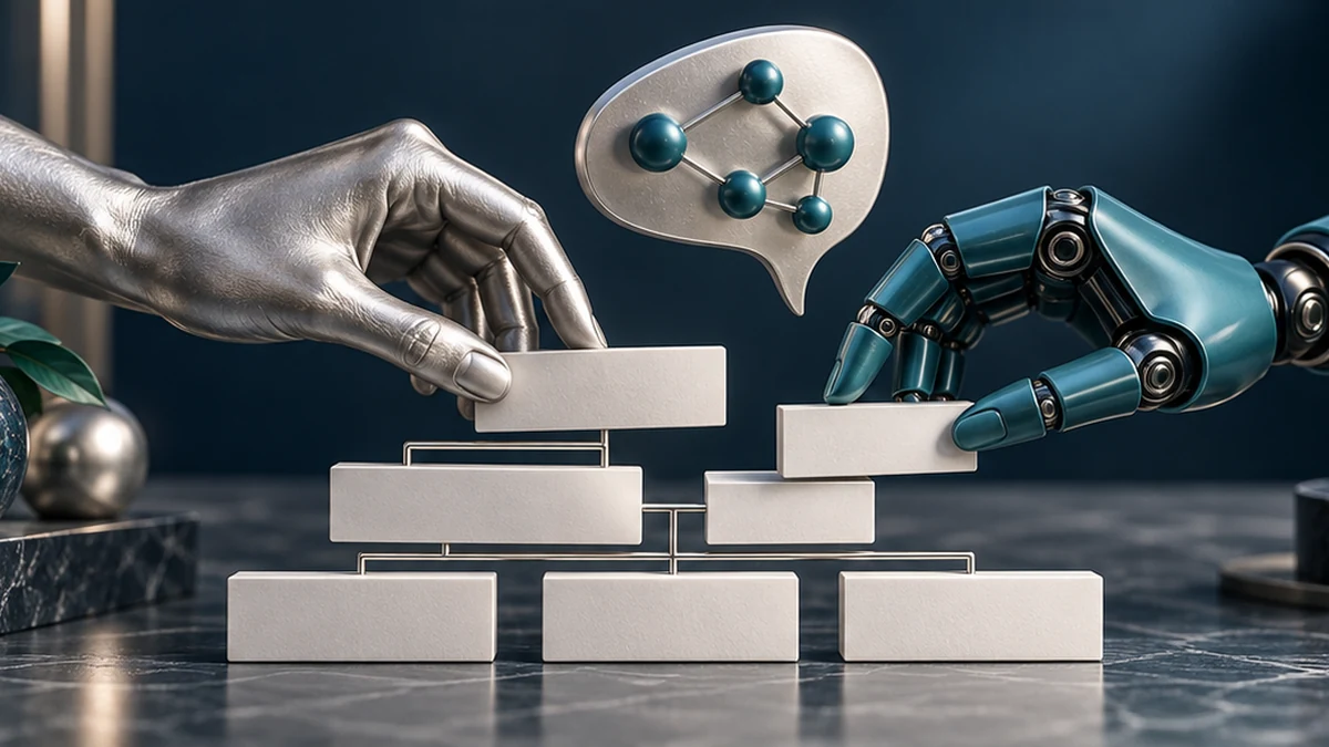 Human and mechanical hands collaborate on a structured document outline.