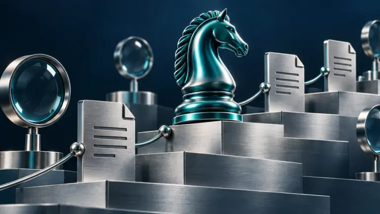 Teal chess knight advancing among linked document sculptures and magnifying glasses.