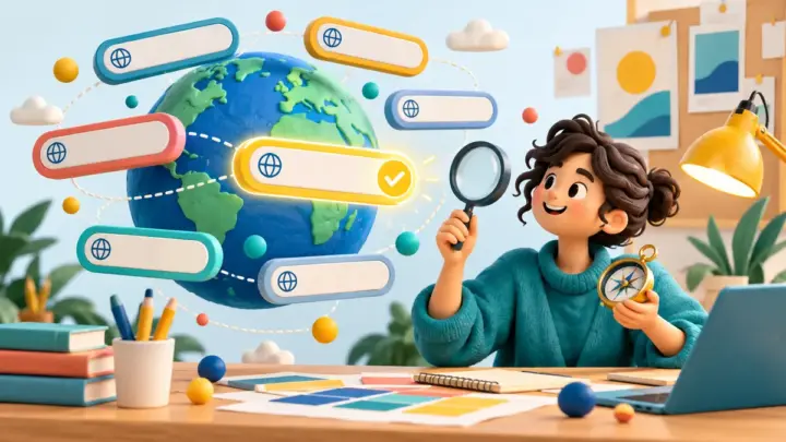 A creator compares memorable blank domain-name tags around a globe using a compass and magnifying glass.