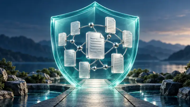 A translucent teal shield protects a network of linked documents.