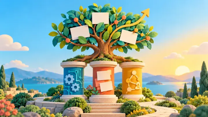 Three long-term SEO pillars support a growing visibility tree: technical foundations, useful content and audience connections.