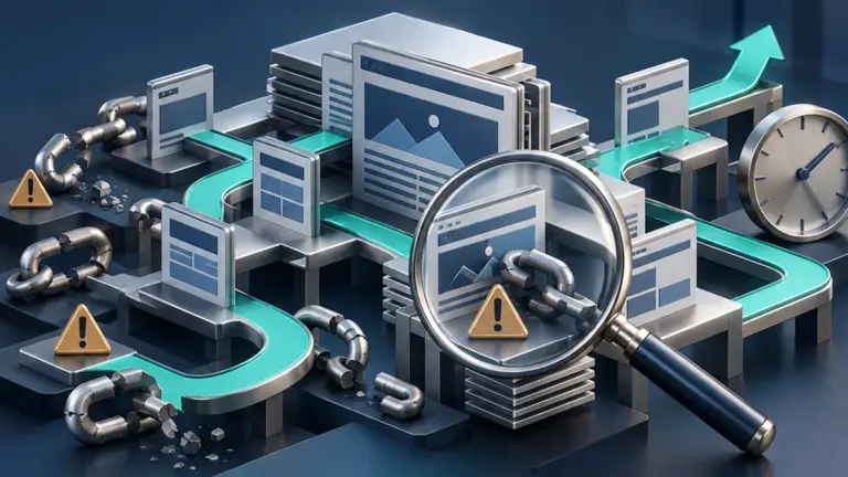 Website pathways with broken links and a magnifying glass illustrating common SEO mistakes.