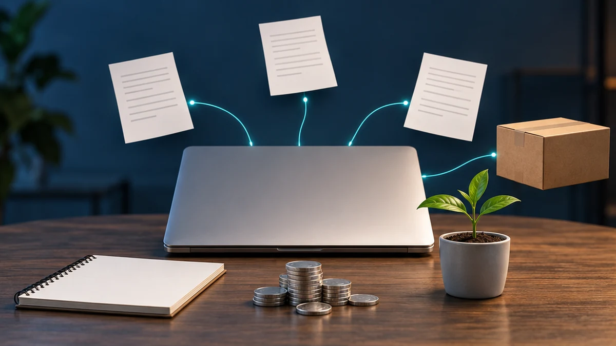 A modest creator workspace with a laptop, a small coin budget, notebook and seedling linked to articles and a product parcel.