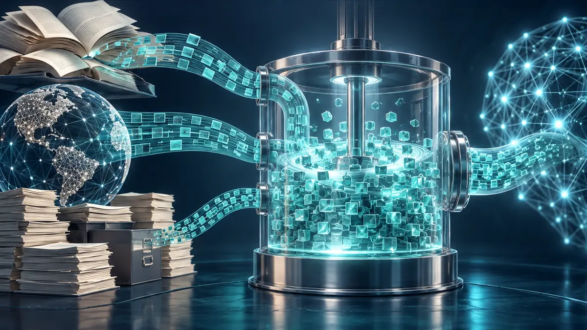 Books, a web globe and archival pages feed separate data streams into a training-data mixing chamber.
