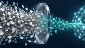A cloud of source documents passes through a sieve into a smaller stream of data cubes beside a neural network.