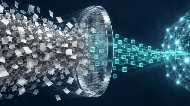 A cloud of source documents passes through a sieve into a smaller stream of data cubes beside a neural network.