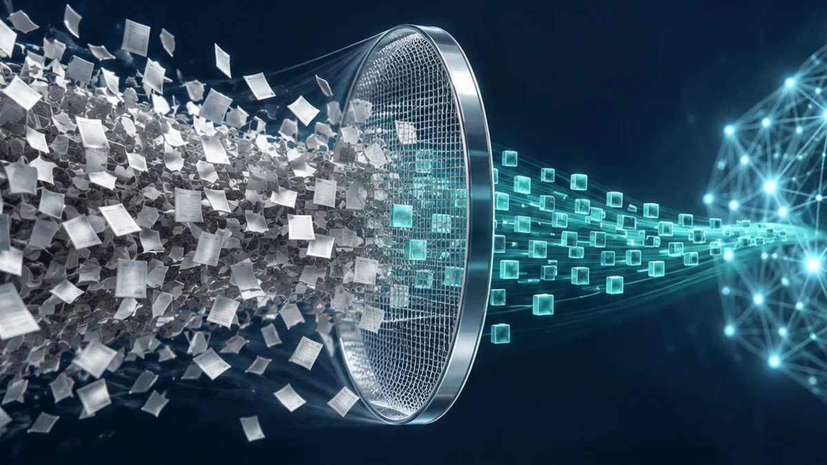 A cloud of source documents passes through a sieve into a smaller stream of data cubes beside a neural network.