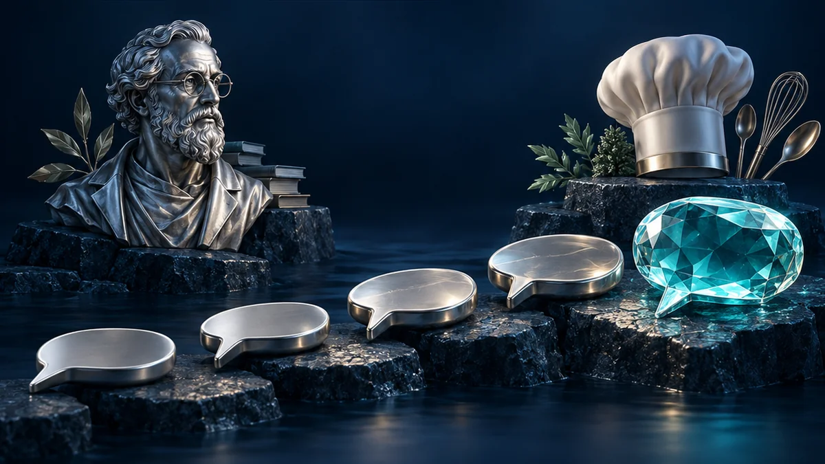 Speech-bubble stepping stones between a professor bust and chef hat illustrate stepwise questions and assigned personas.