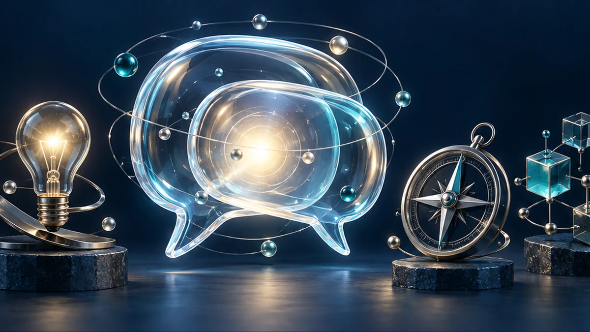 Glass conversation bubbles with a lightbulb, compass and connected cubes representing useful ChatGPT prompts.