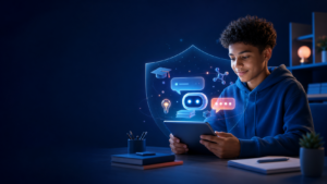 Teen using a tablet with AI learning tools and a protective shield graphic