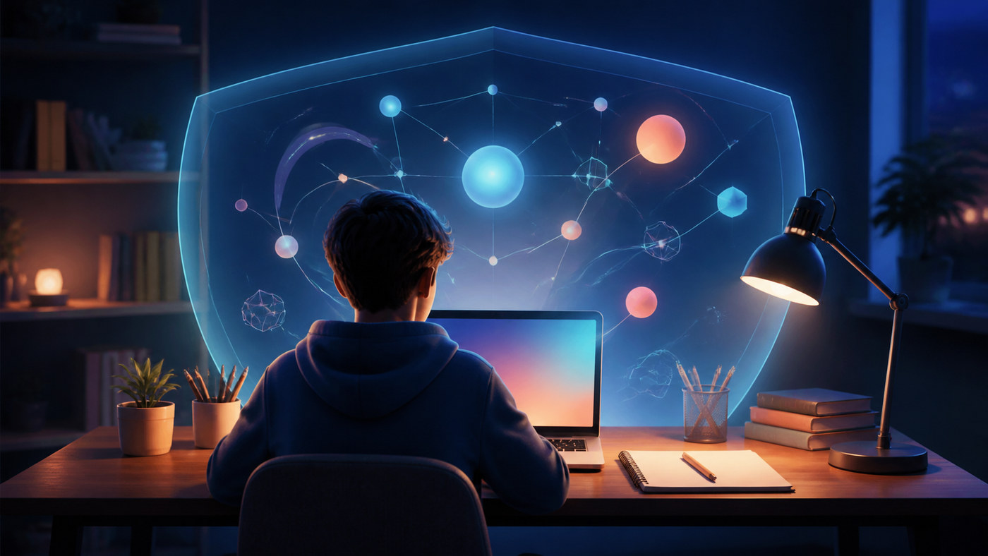 Teen learning at a laptop with a protective AI safety shield