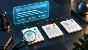 An AI search answer connected to source documents, with a magnifying glass checking citation evidence