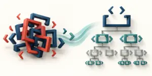 Abstract illustration of tangled code blocks becoming a clear semantic HTML tree