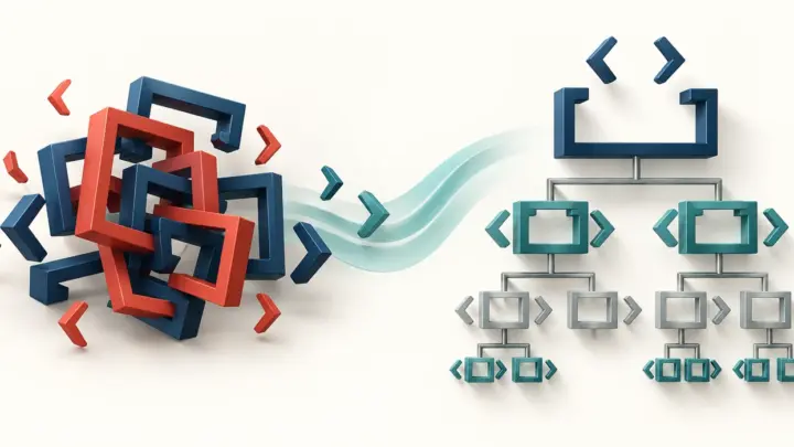 Abstract illustration of tangled code blocks becoming a clear semantic HTML tree