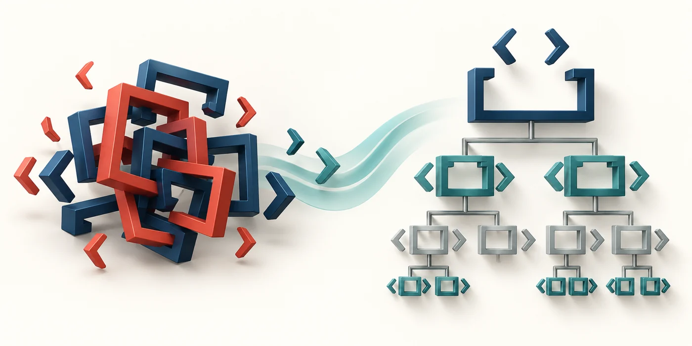 Abstract illustration of tangled code blocks becoming a clear semantic HTML tree