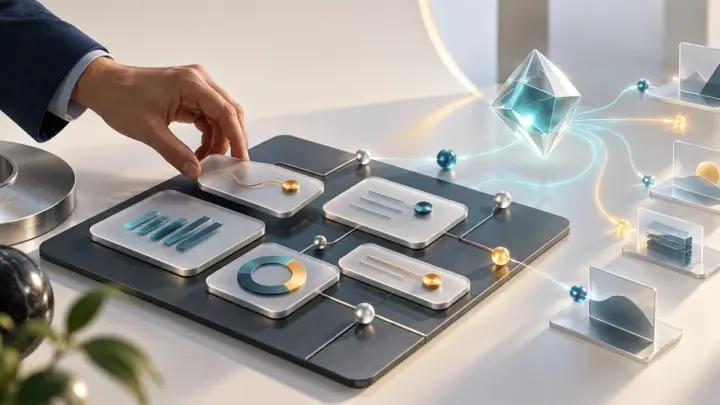 Human strategist arranging search analytics with assistance from an abstract AI system