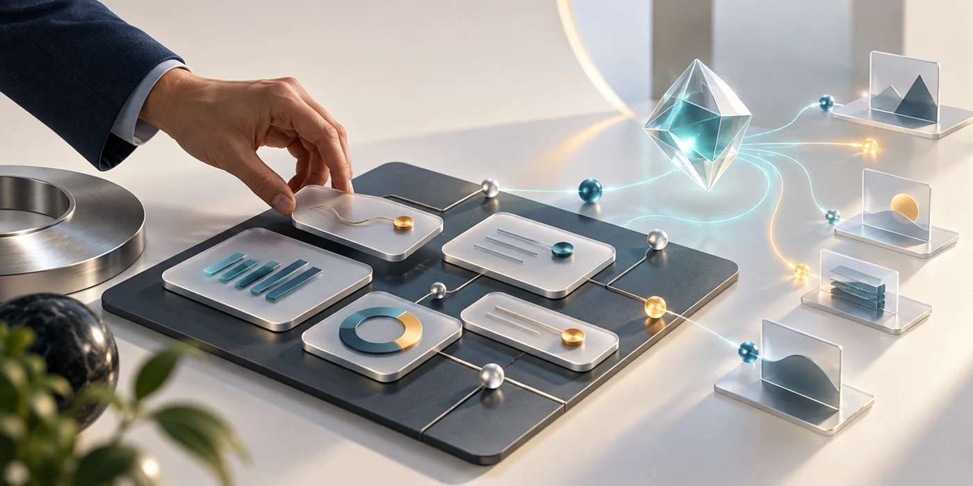 Human strategist arranging search analytics with assistance from an abstract AI system