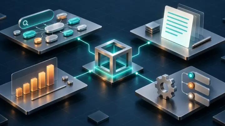 Connected research, analytics and document modules surrounding an open metallic cube