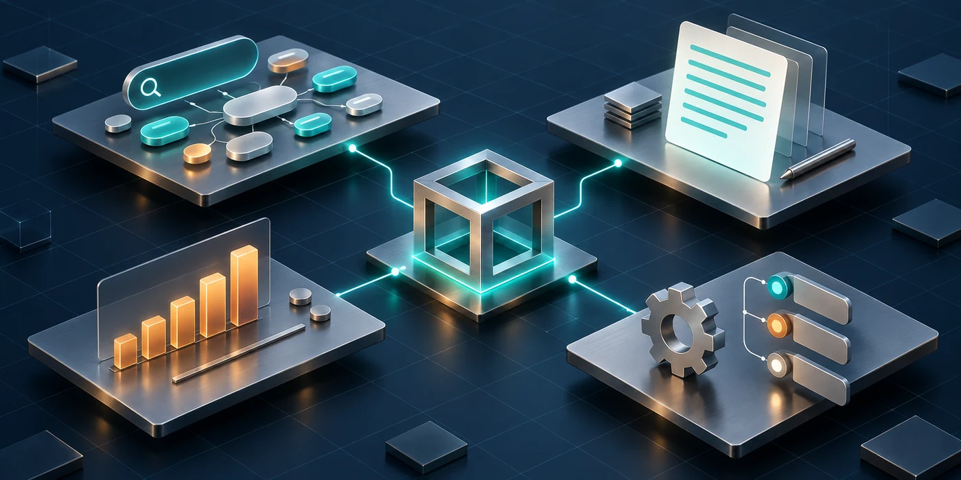 Connected research, analytics and document modules surrounding an open metallic cube
