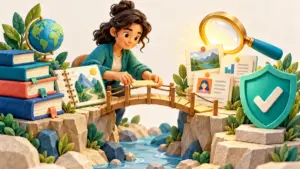סדנת אמינות צבעונית שבה מומחה מחבר מקורות, ניסיון ותיעוד אל מגן אימות.