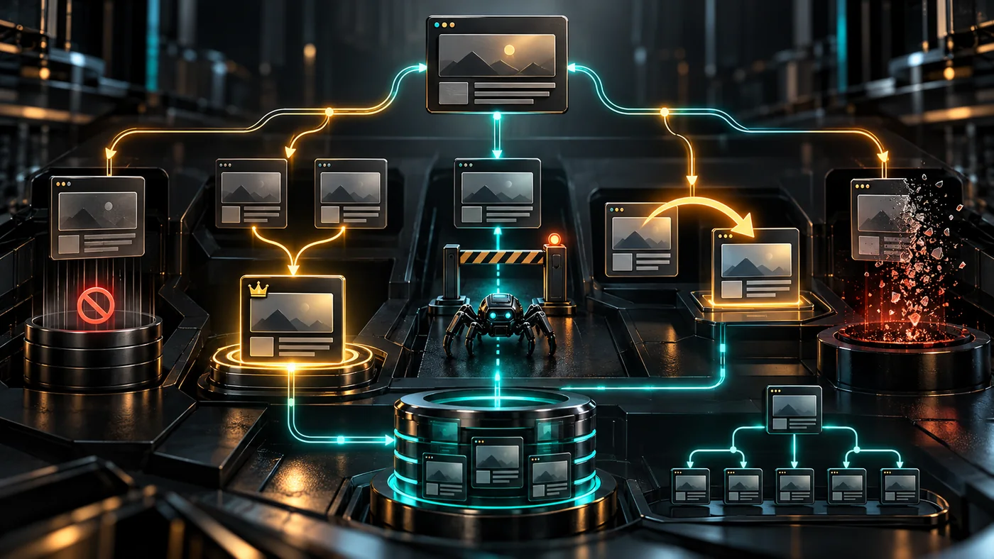 Branching technical SEO decision paths for noindex, canonical, robots.txt, redirects and removed pages